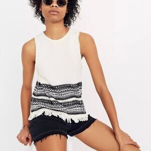 MADEWELL Villagrove Fringe Sweater Tank Top Bright Ivory Black XXS